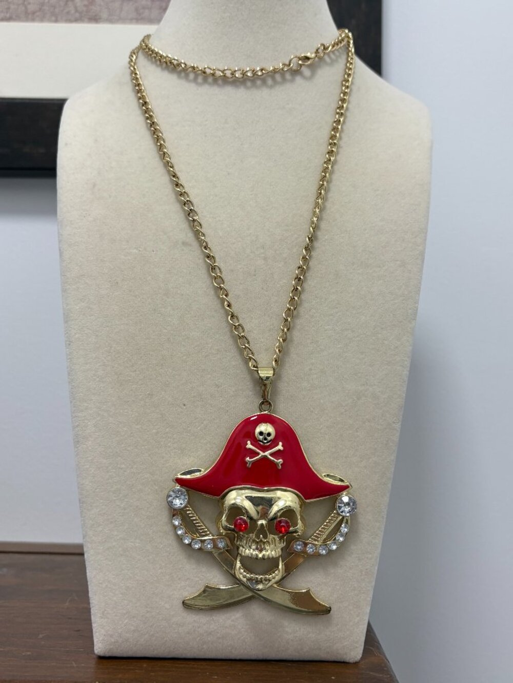 Gold Tone Pirate Pendant Necklace Red Enamel & Rhinestones